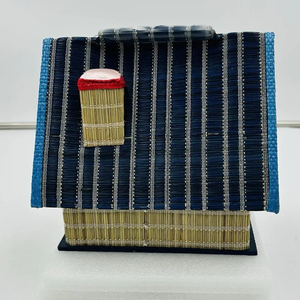 Vintage House Shaped Sewing Case Kit Box Bamboo Woven Japan Satin Lined
